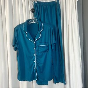 Ekouaer Teal Women's Pajama Set with White Trim